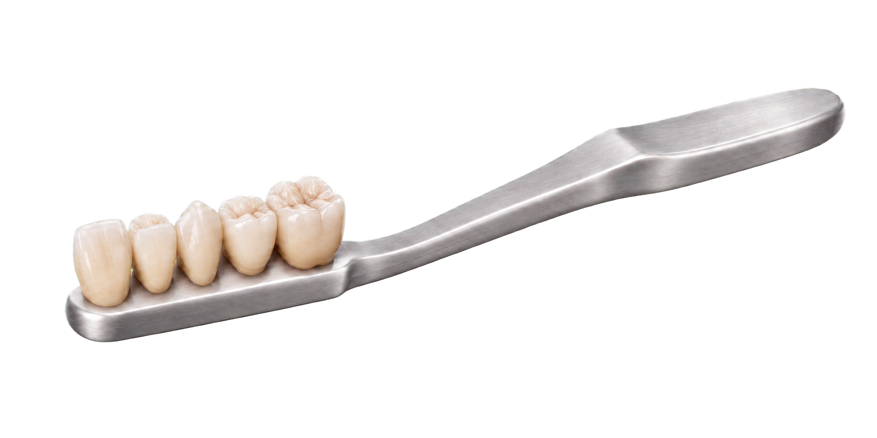 A silver toothbrush with teeth in place of bristles