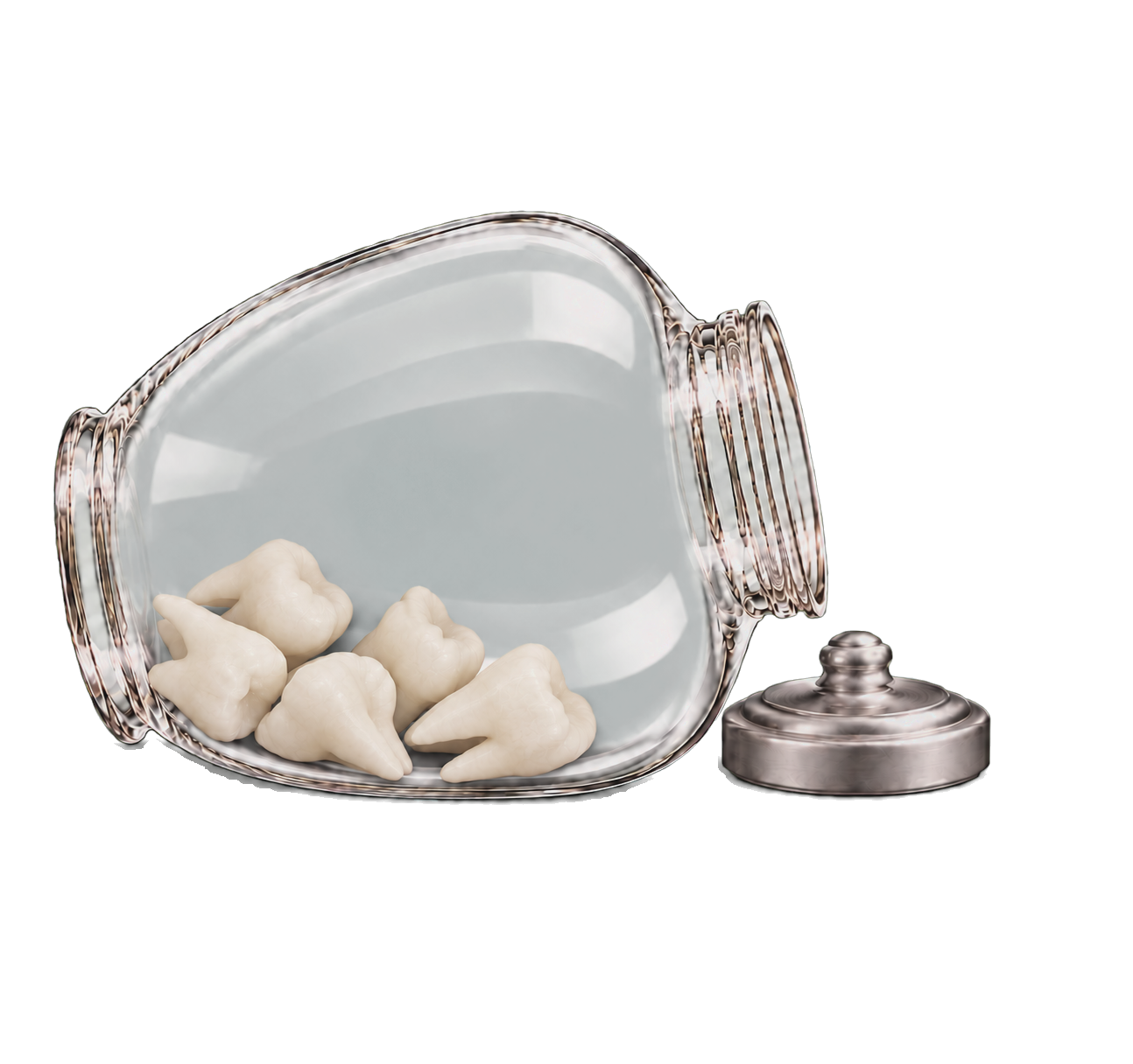 The same apple-shaped transparent specimen jar resting naturally on its side, with six frosted matte ivory teeth settled along the lower edge and its silver lid resting near the opening