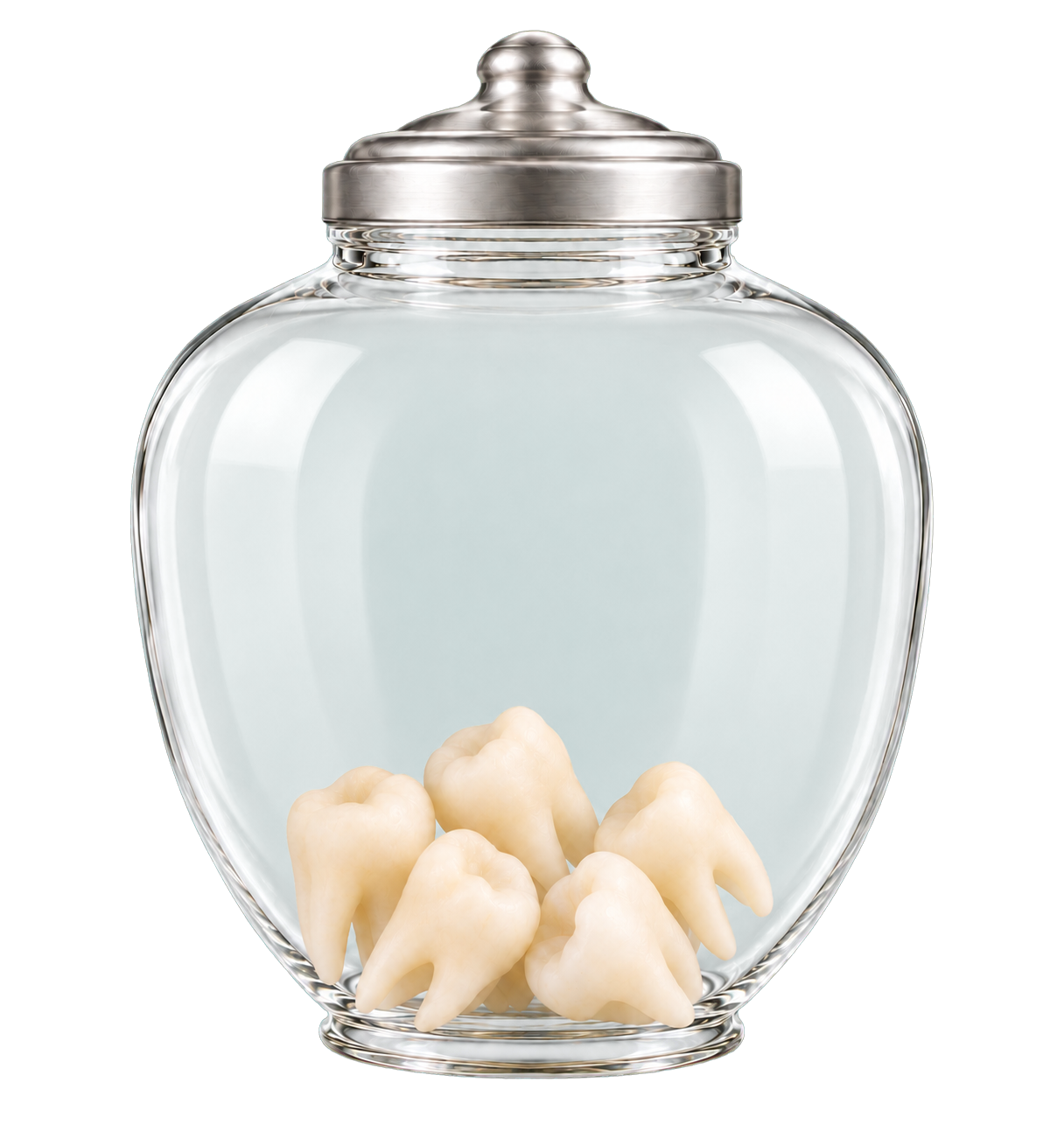 A rounded transparent glass specimen jar with a satin-silver lid containing six matte ivory teeth