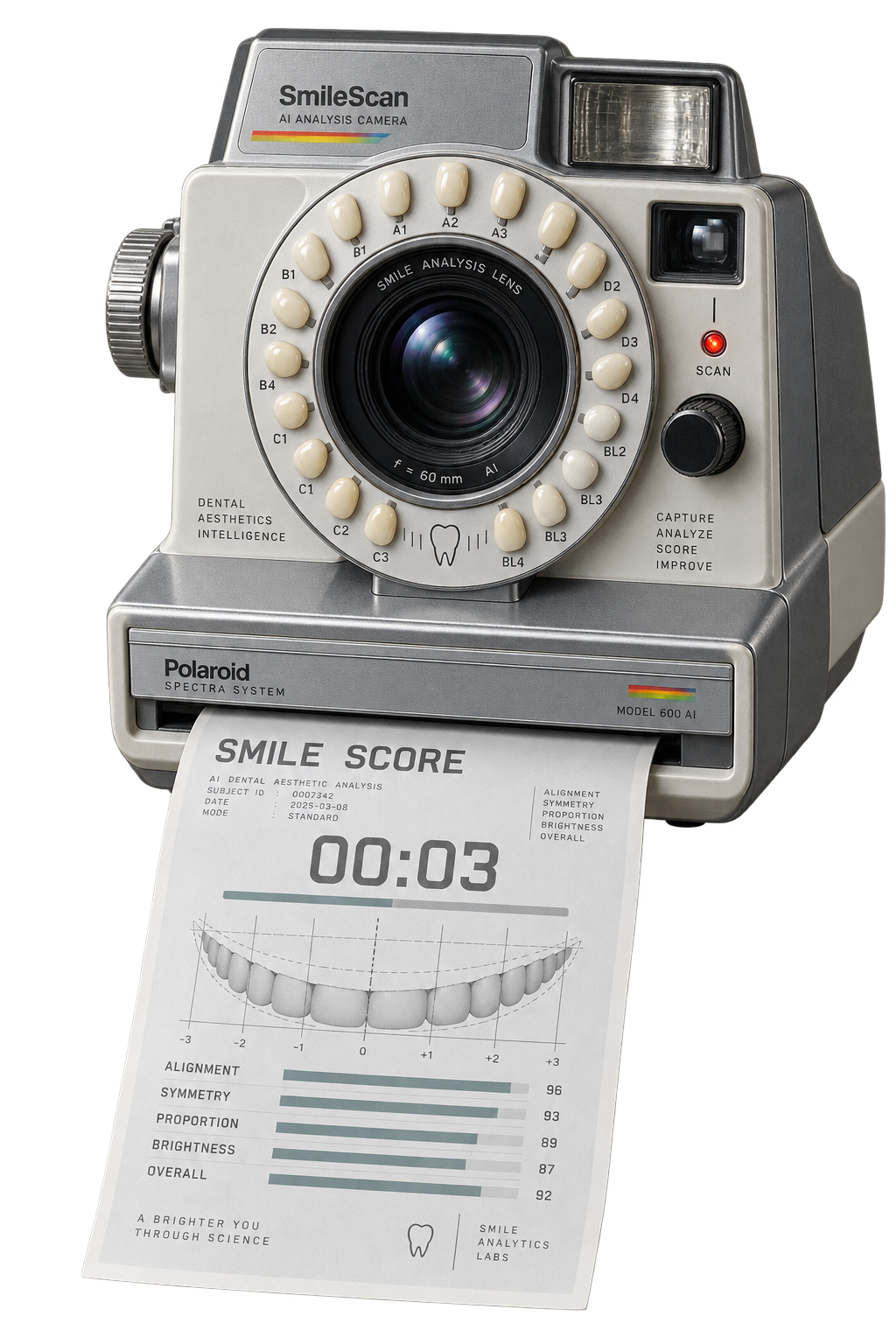 Retro AI smile-analysis instant camera printing a three-second smile score
