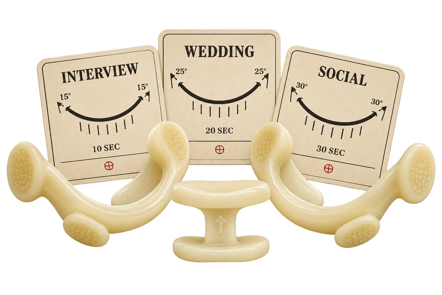 Cream-yellow silicone smile-training kit with interview, wedding, and social practice cards